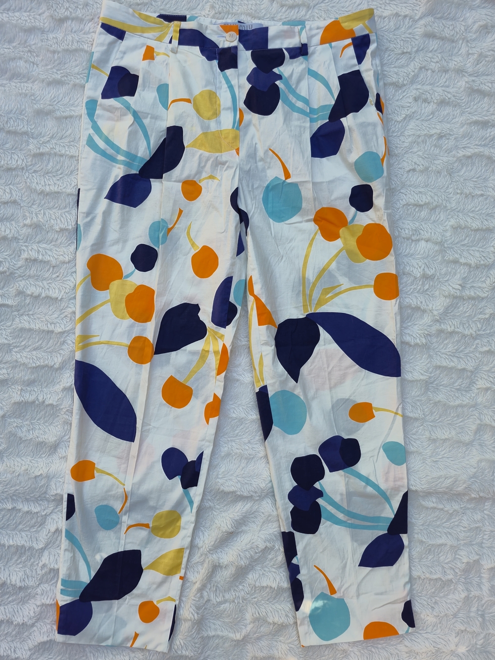Miu Miu White Straight-Leg Pants with Blue, Orange &‎ Yellow Floral Print